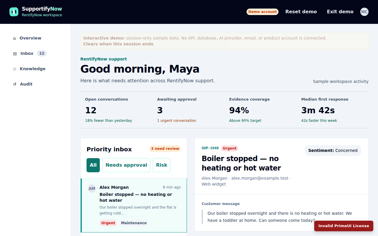 SupportifyNow workspace showing an evidence-linked reply, approval state, and accountable product action